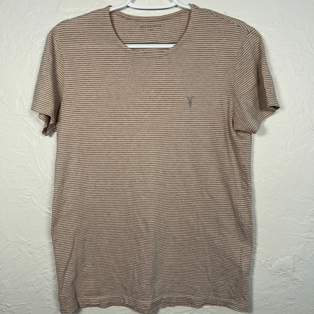 AllSaints Anic Crew T Shirt Men’s XS Tan Brown Striped Cotton Tee
